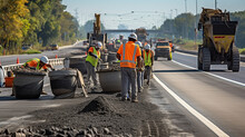 A Team Of Road Construction Workers Paving A New Highway, Showcasing The Infrastructure Development Efforts Generative AI