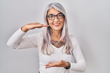 Canvas Print - Middle age woman with grey hair standing over white background gesturing with hands showing big and large size sign, measure symbol. smiling looking at the camera. measuring concept.