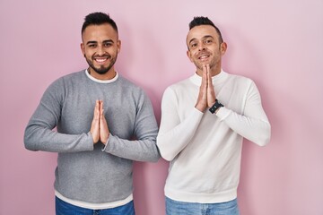 Sticker - Homosexual couple standing over pink background praying with hands together asking for forgiveness smiling confident.