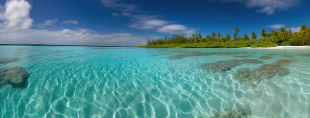 Ocean Shore Panorama, Underwater Coral Reef Beautiful Landscape. Seychelles Island, White Sandy Beach with blue Sea Tropical lagoon. Caribbean Sea scenery. generative ai