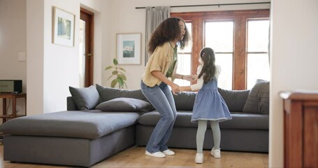 Poster - Dance, love and mother with daughter in home for bonding, quality time and loving relationship. Family, happy parents and mom with girl in living room for dancing, learning and teaching move together