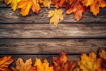 Autumn maple leaves lying on wooden boards, background with space for text