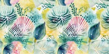  Seamless Trendy Underwater Shell Clam Repeat Background. Tropical Modern Seashell Coastal Pattern Clash Fabric Coral Reef Border Print For Summer Beach Textile Banner Edge With A Linen Cotton Effect.