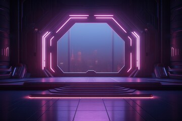Futuristic cyberpunk podium background, where sleek lines, vibrant colors, and dystopian aesthetics collide.