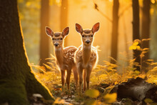 Two Young Deer Or Fawns In Forest