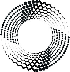 Wall Mural - Black halftone dots in vortex form. Geometric art. Trendy design element.Circular and radial lines volute, helix.Segmented circle with rotation.Radiating arc lines