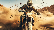 Motocross Rider Creating A Large Cloud Of Dust In The Desert - Extreme Action