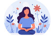 Woman sitting with a flower illustration in the background, good mental health lifestyle and selfcare vector