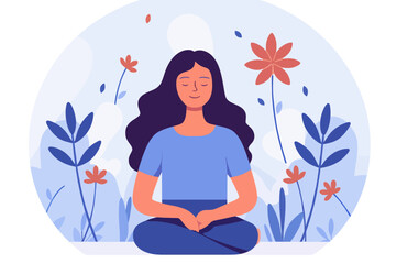 woman sitting with a flower illustration in the background, good mental health lifestyle and selfcar