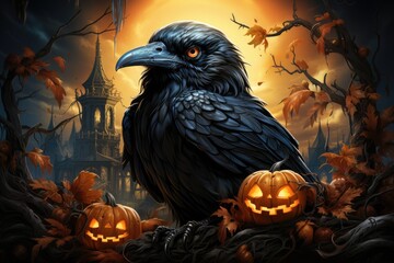 Halloween pumpkin and black raven. Generative AI