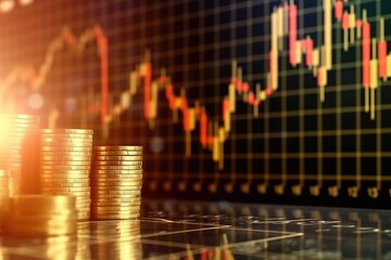 Poster - Coins in the stock market. Shares graph representing investment - Generative AI