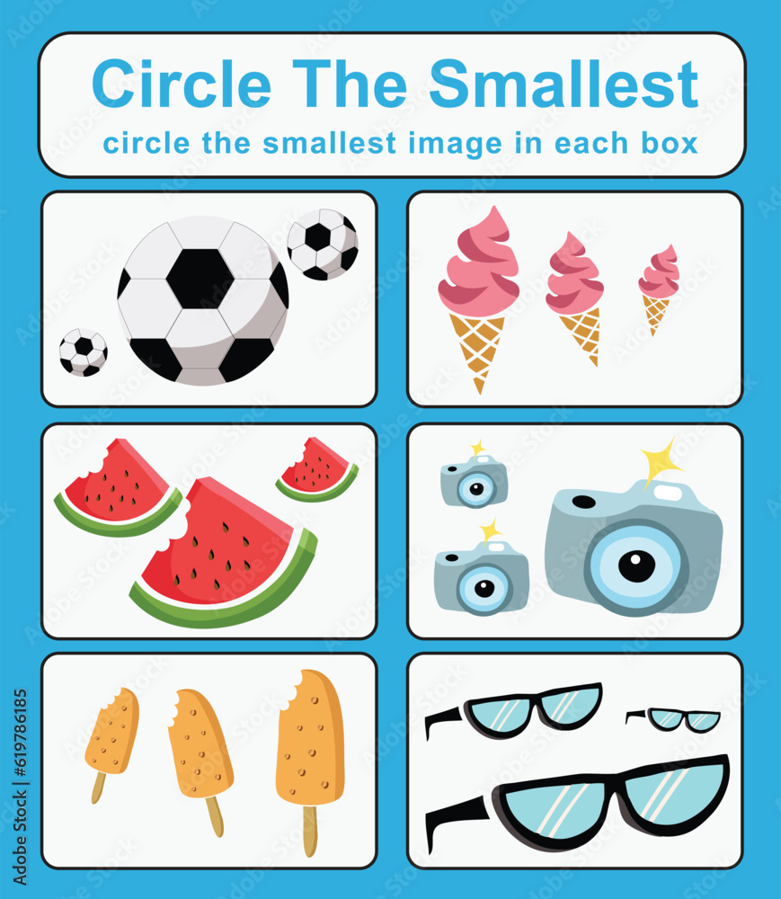Educational game for children. Circle the smallest object in each box ...