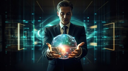 Poster - Stock market, Business growth, progress or success concept. Businessman or trader is showing a growing virtual hologram with generative ai