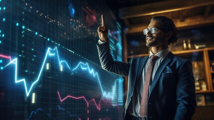 Poster - Stock market, Business growth, progress or success concept. Businessman or trader is showing a growing virtual hologram with generative ai