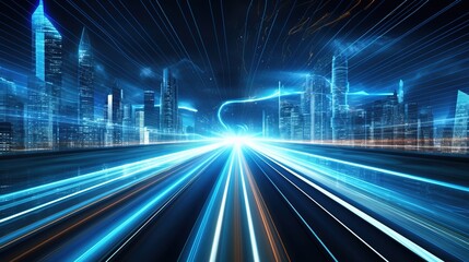 Poster - Warp speed in hyperloop with blue light from megacity building lights at night. Next-generation technology concept. generative ai