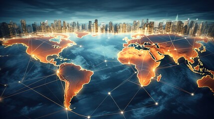 Poster - world map with logistic network distribution on background and Logistics Industrial Container Cargo freight ship for Concept of fast or instant shipping with generative ai