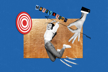 Poster - Creative collage image of black white colors arm fingers hold arrow flying mini girl darts board target motivation