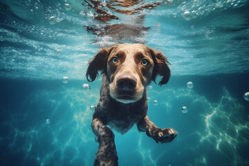 Wall Mural - swimming dog underwater water funny fun pool vacation snorkeling puppy. Generative AI.