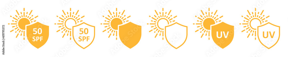 Set of sun protection shield icons. Protection from sun radiation and ...