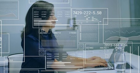 Poster - Animation of financial data processing over biracial businesswoman using laptop in office
