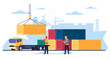 © VectorBum - Seaport workers unload containers onto trucks. Freight port terminal. Hook lifting metal boxes. Warehouse logistics. Cargo lorry. Goods transportation. Men in uniform. Vector concept