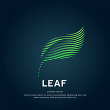 Simple Logo Leaf Illustration In A Linear Style. Abstract Line Art Green Leaf Ecology Logotype Concept Icon. Vector Logo Leaf Color Silhouette On A Dark Background. EPS 10