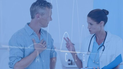 Poster - Animation of financial data processing over caucasian female doctor and male patient