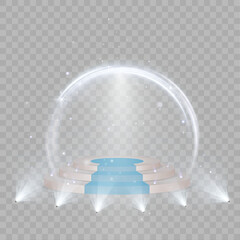 Poster - 3D Scene - Winners podium platform. In the background is a neon circle with special lighting effects. / 3D visualization	