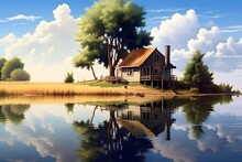 House And Pond Painting. Painting Of Small Rural House By A River With Trees. Autumn Landscape With Lake And House. Wallpaper, Background, Illustration. Generative AI.