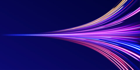 Fototapete - Neon stripes in the form of drill, turns and swirl. Illustration of high speed concept. High-speed light trails effect. Futuristic dynamic motion technology. 