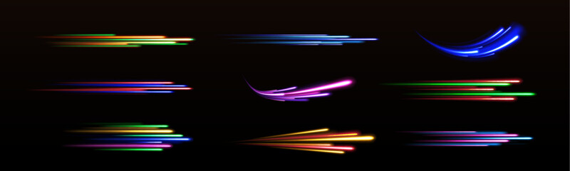 Fototapete -  Big set of light neon lines in the form of swirl and spirals. Falling fireball meteorite. Vector illustration of a burning falling fireball meteor. 