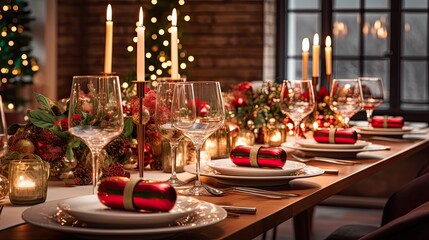 Canvas Print - christmas dinner table setting, table in restaurant, christmas decor