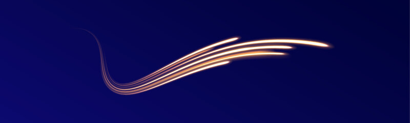 Poster - Fast speed car. Long yellow and red way effect. City light trails motion background. Illustration of high speed concept. Curved light trail stretched upward.	