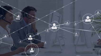 Poster - Animation of network of profiles over diverse colleagues wearing phone headsets working at office