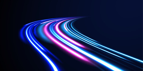 Poster - Car motion trails. Speed line motion vector background. Dynamic blue neon sport texture. Abstract neon background with shining wires. 