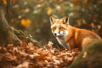 cute red fox in autumn forest among colorful leaves looking straight into the camera. wildlife natur