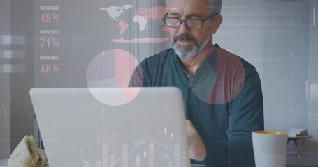 Poster - Animation of statistical data processing against caucasian senior man using laptop at home