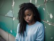 © orelphoto - Lonely african american teenager girl against an urban old wall. Young homeless girl. Generative AI