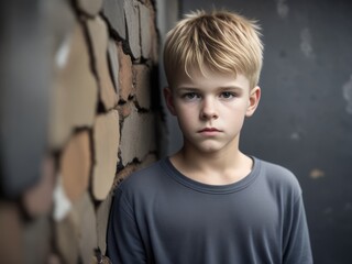 Wall Mural - Lonely caucasian teenager boy against an urban old wall. Young homeless boy. Generative AI