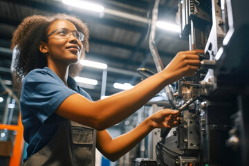 Wall Mural - Confident african american female worker skillfully operating high-tech machinery in a modern automotive manufacturing setting