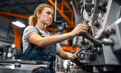 Wall Mural - Confident female worker skillfully operating high-tech machinery in a modern automotive manufacturing setting