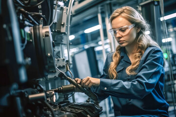 Wall Mural - Confident female worker skillfully operating high-tech machinery in a modern automotive manufacturing setting