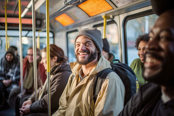 A diverse group of people commencing their morning commute on a city bus