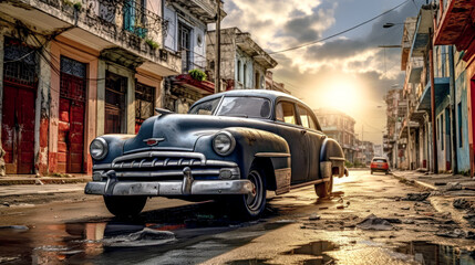 Naklejka na meble Old Cuba Classic American Cars on the Street of Havanna Abstract Illustration Wallpaper Background Generative AI  KI Digital Art