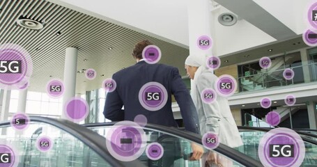 Poster - Animation of 5g text banners against diverse businessman and businesswoman on escalator at office