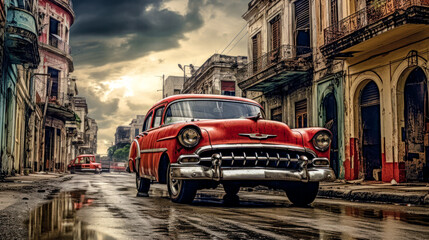 Wall Mural - Old Cuba Classic American Cars on the Street of Havanna Abstract Illustration Wallpaper Background Generative AI  KI Digital Art