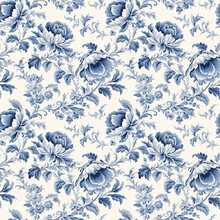 Vintage French Floral Toile Blue Pattern