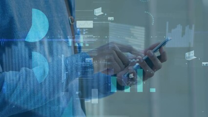 Poster - Animation of graphs, trading board, loading circles, biracial man texting over smartphone