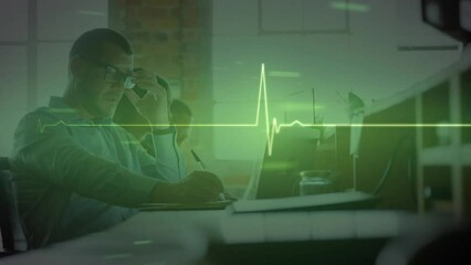 Poster - Animation of changing numbers and heart rhythm over tired caucasian man writing on notepad in office