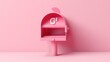 Mailing concept with a pink mailbox with a letter made of metal on a pink background.